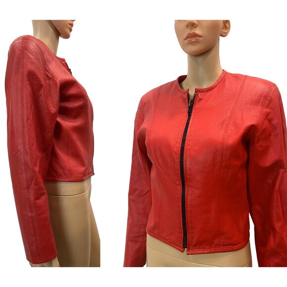 Vintage Red Leather Jacket Cropped 80s 90s CHIA Shoulder Pads | S - Picture 4 of 10